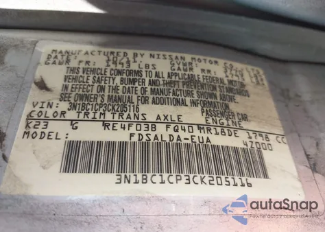 2012 Nissan Versa 1.8 S z USA, uszkodzony, nr VIN 3N1BC1CP3CK205116